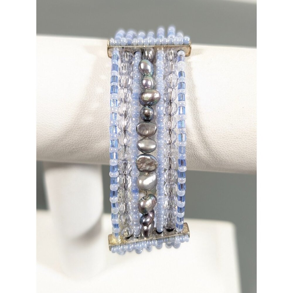 Gray Baroque Pearl Blue Glass Bead Cuff Charm Bracelet Boho Festival 7.5-8"